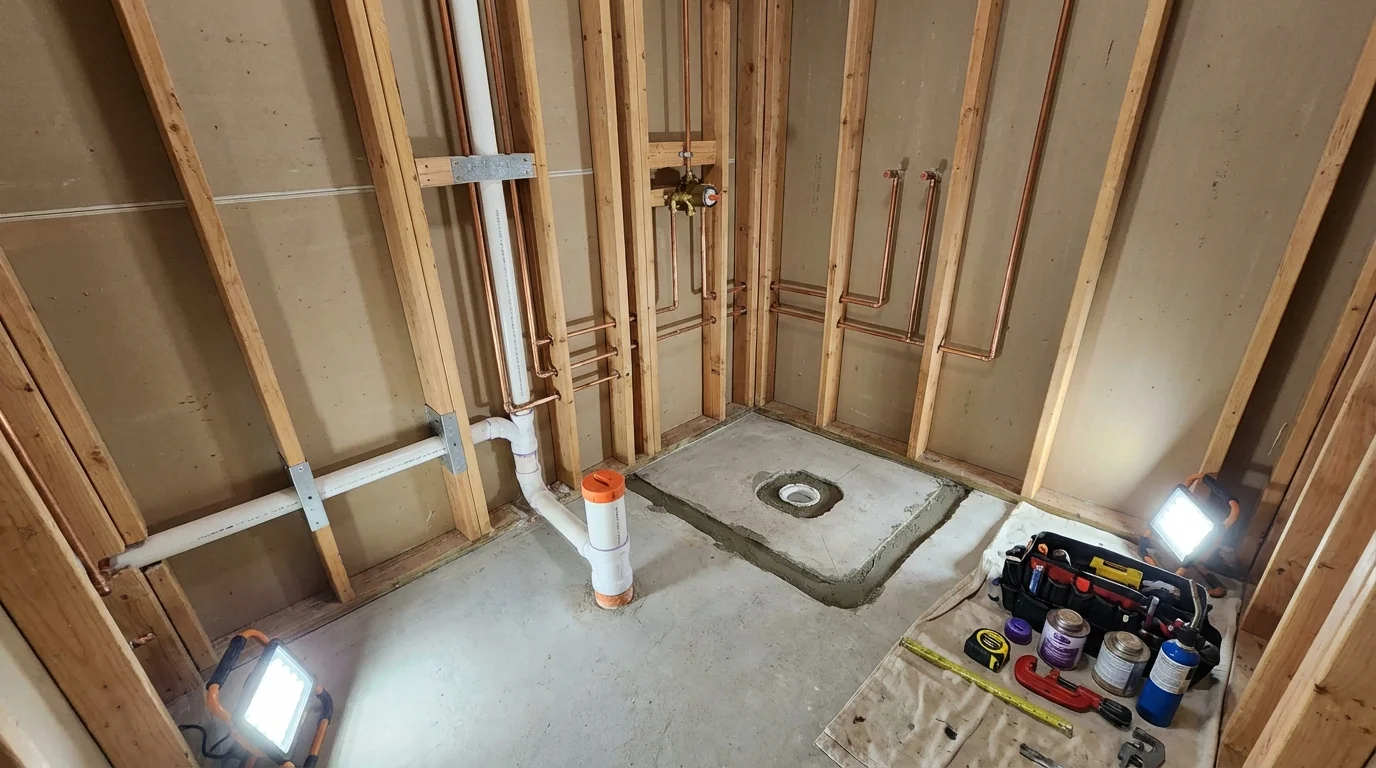 Bathroom rough-in plumbing during remodel by Johns Plumbing LLC in Summerdale