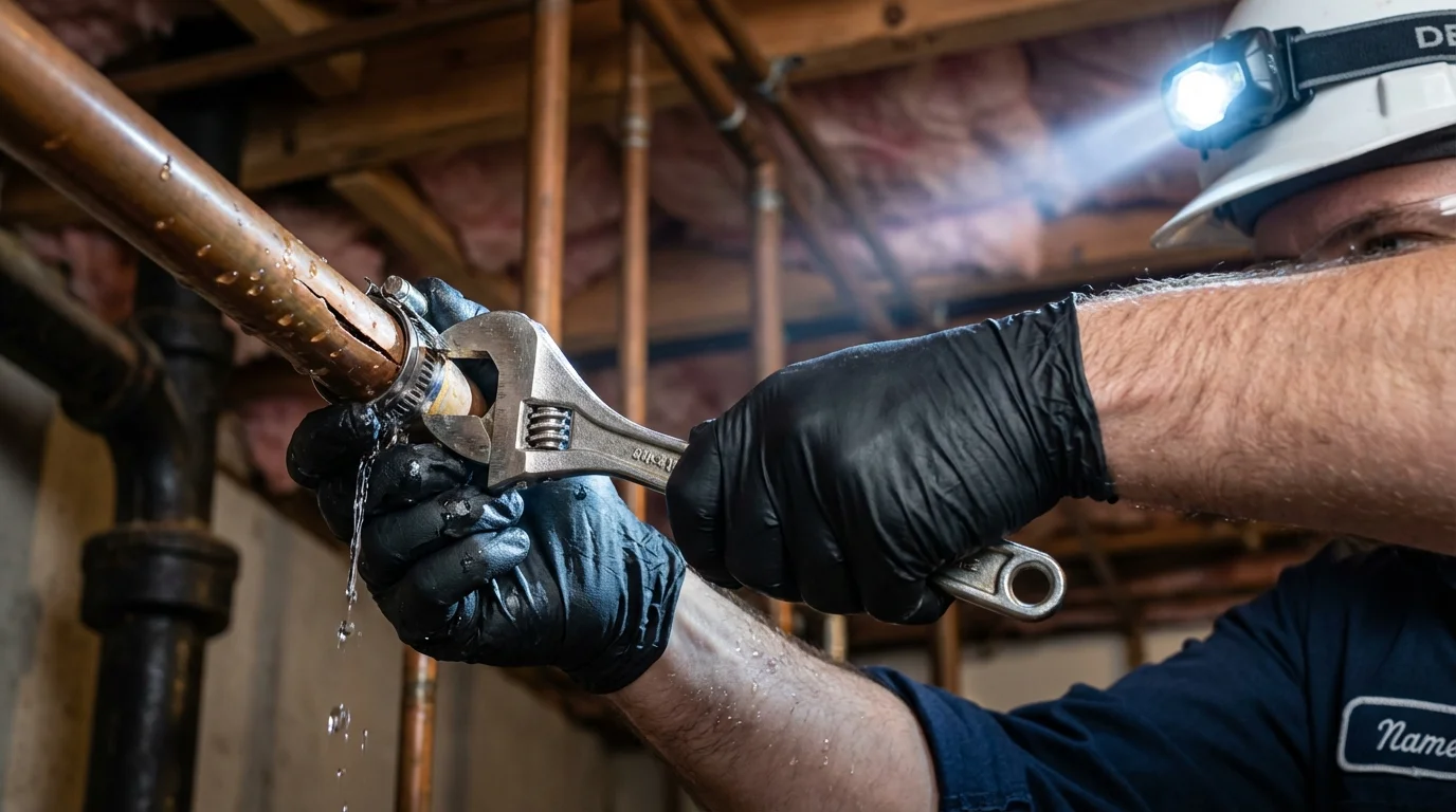 Emergency pipe clamp repair being performed by a Johns Plumbing LLC plumber in Summerdale