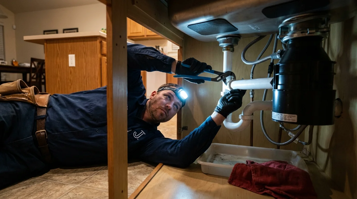 P-trap and supply line connections under a kitchen sink showing a common leak point in Summerdale, AL